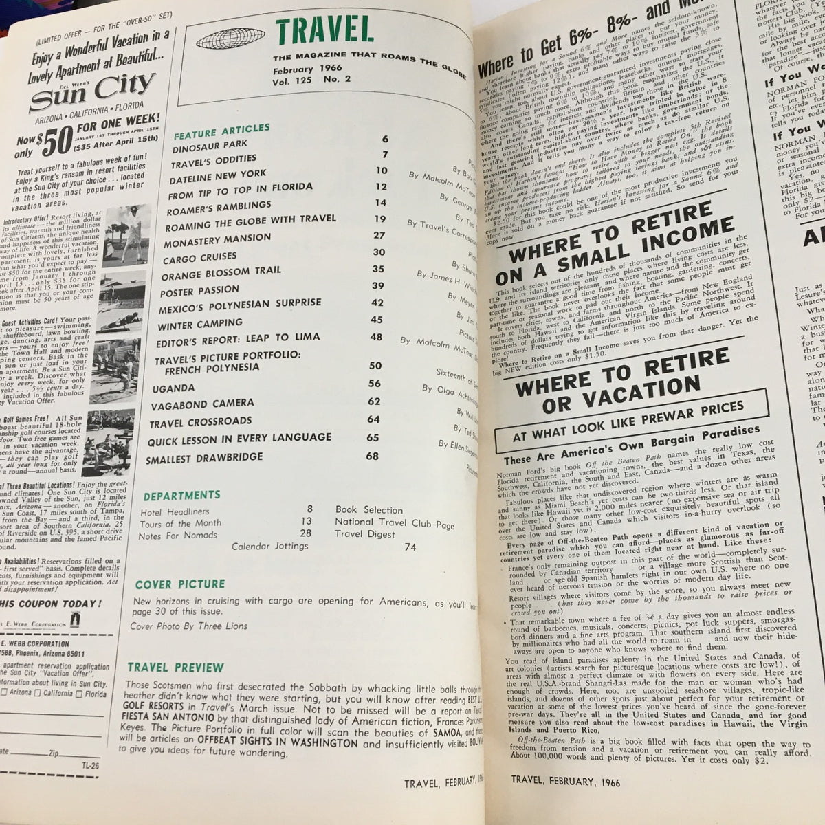 Inside page of Travel Magazine February 1966 displaying the table of contents, showcasing various travel articles including the Orange Blossom Trail and Meyer Levin's Poster Passion.