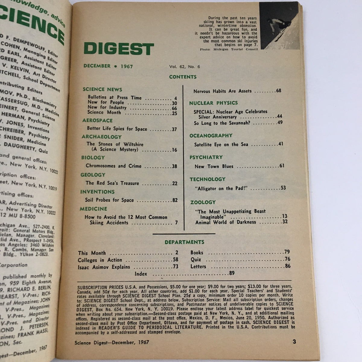 Interior page of Science Digest Magazine December 1967 showing the table of contents, listing articles including those by Isaac Asimov and topics such as nuclear physics and science news.