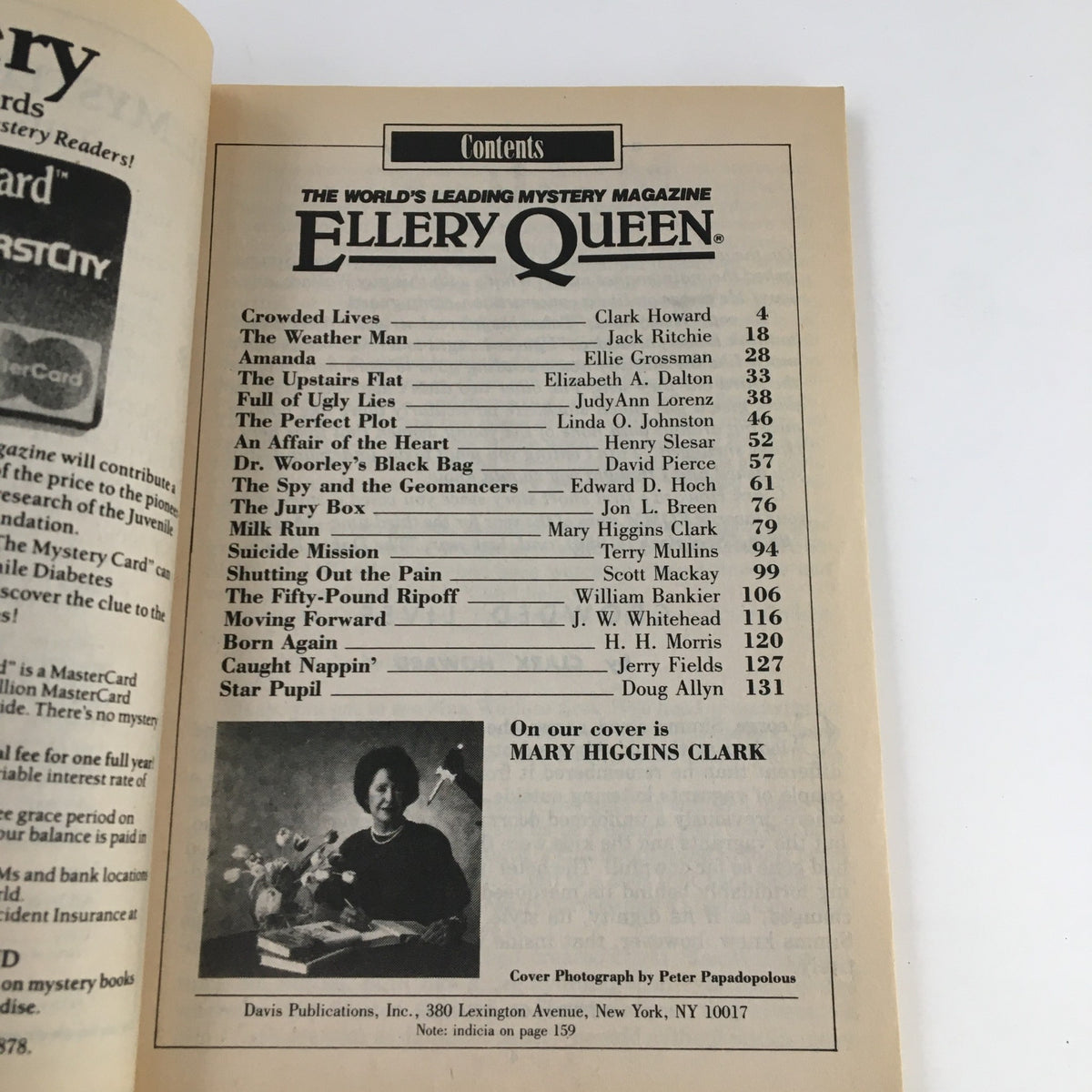 Contents page of Ellery Queen's Mystery Magazine October 1989 listing various articles including 'Milk Run' by Mary Higgins Clark. The layout displays the magazine's literary contributions.