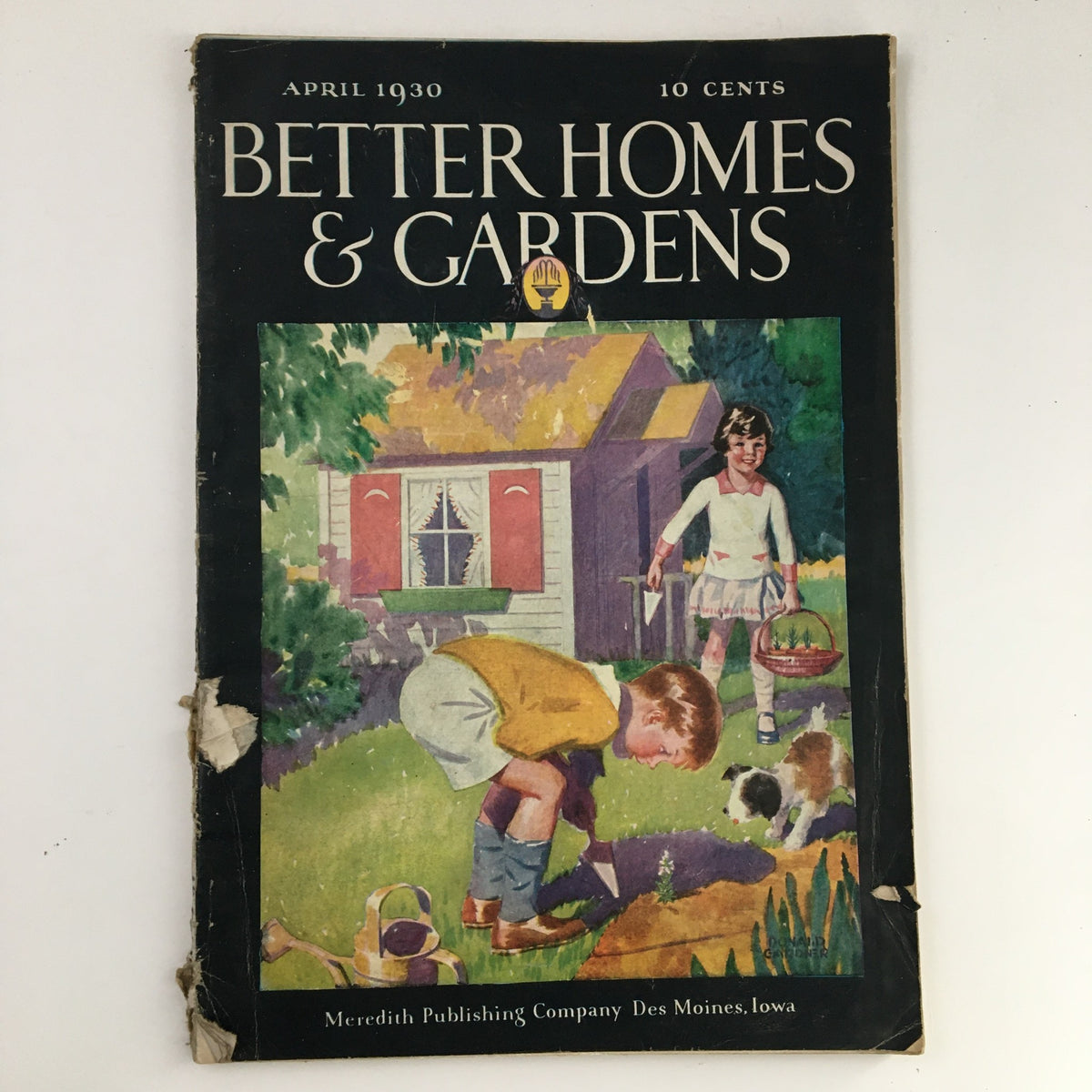 Cover of Better Homes & Gardens April 1930 titled 'The Third Venture in Landscape Gardening', featuring children gardening in front of a quaint house.