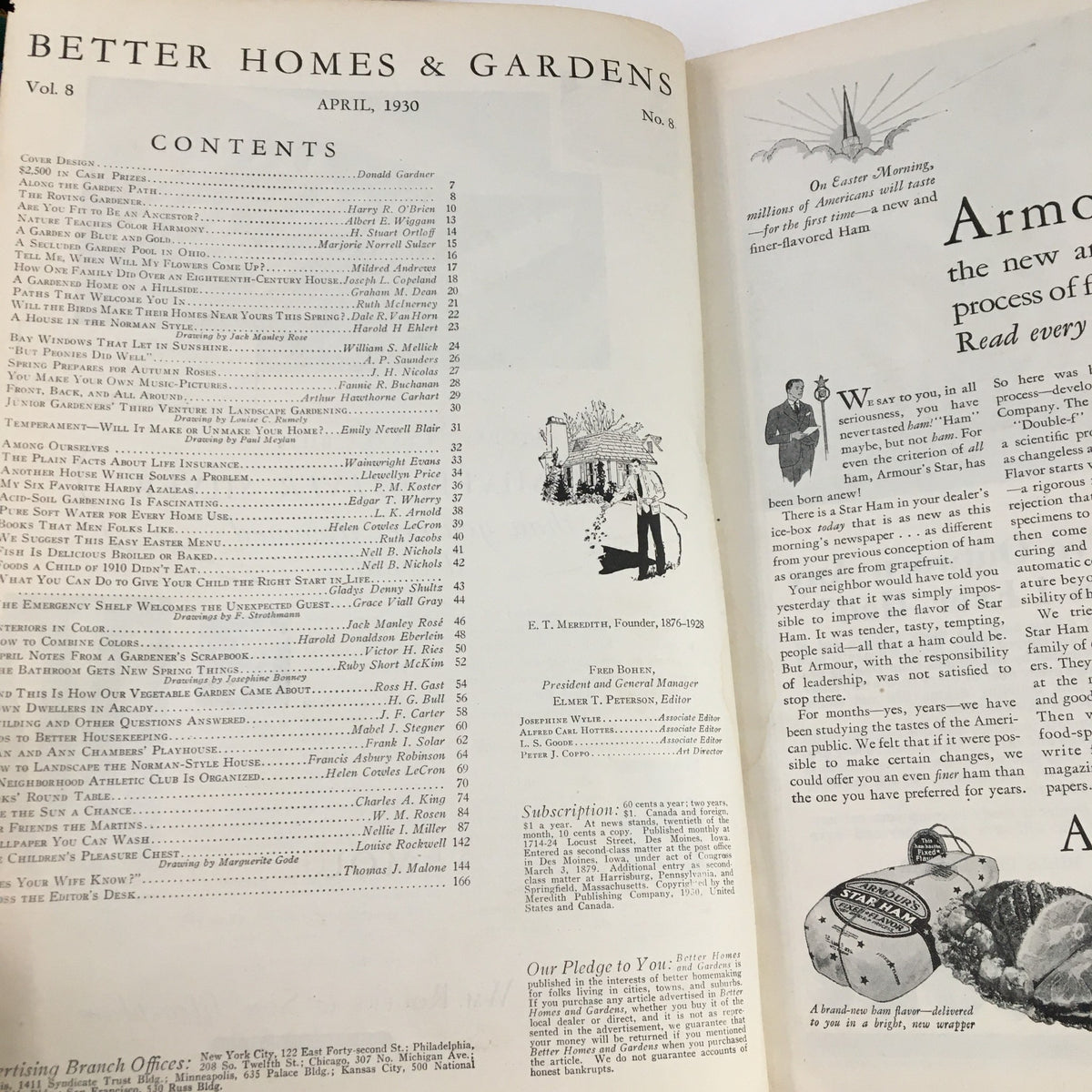 Contents page of Better Homes & Gardens April 1930 The Third Venture in Landscape Gardening, listing articles and features related to gardening and home decoration.