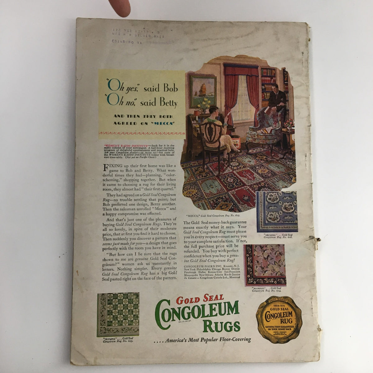 Back cover of Better Homes & Gardens April 1930 The Third Venture in Landscape Gardening, showcasing an advertisement for Gold Seal Congoleum Rugs.