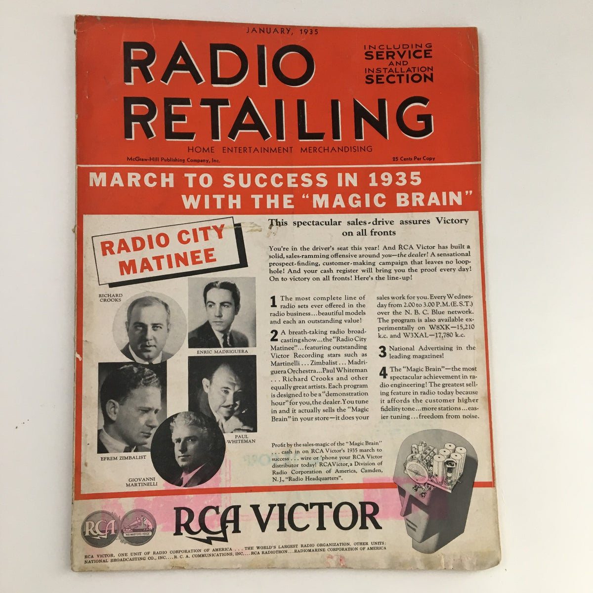 Front cover of Radio Retailing Magazine, January 1935, featuring Richard Crooks, Enric Madriguera, and promotional content for RCA Victor, showcasing the vintage aesthetic of early broadcasting history.
