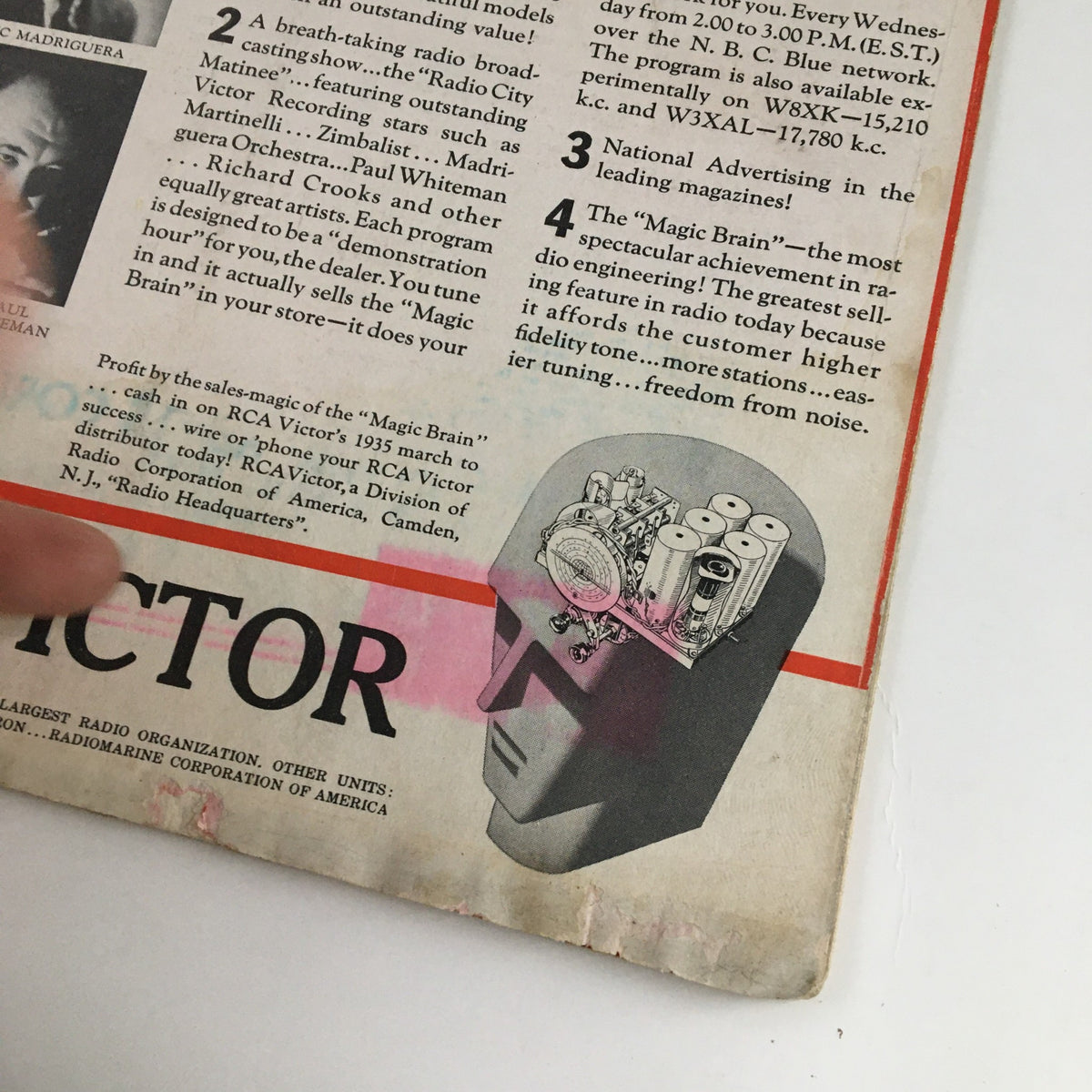 Back cover of Radio Retailing Magazine January 1935 featuring an advertisement for RCA Victor with a graphic illustration, highlighting the vintage advertising style.