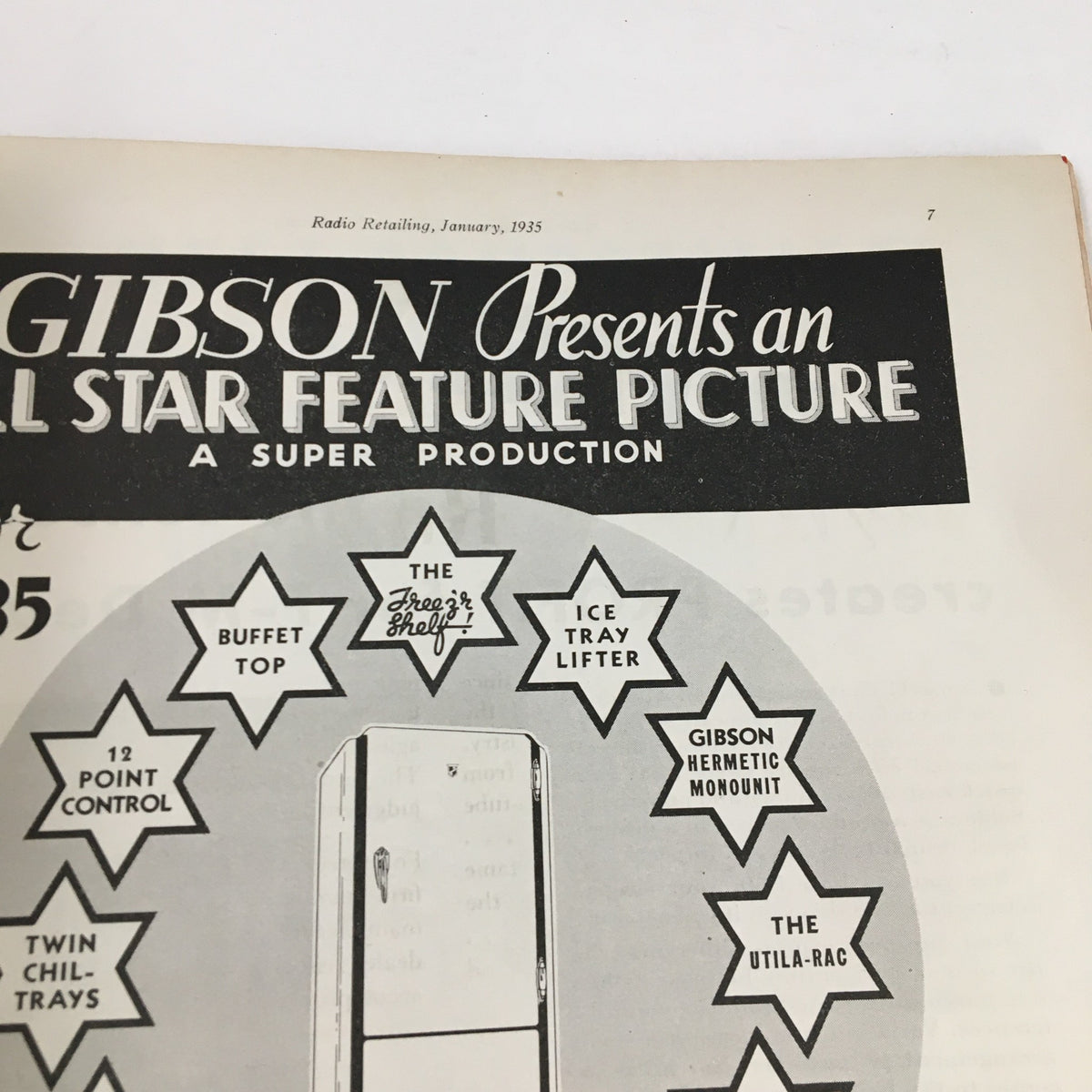 Interior page of Radio Retailing Magazine January 1935 presenting an advertisement for Gibson, showcasing a vintage freezer refrigerator with design features.