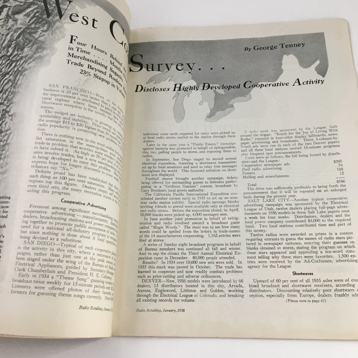 Article spread from Radio Retailing Magazine January 1936 describing a West Coast survey on cooperative advertising in the radio industry.