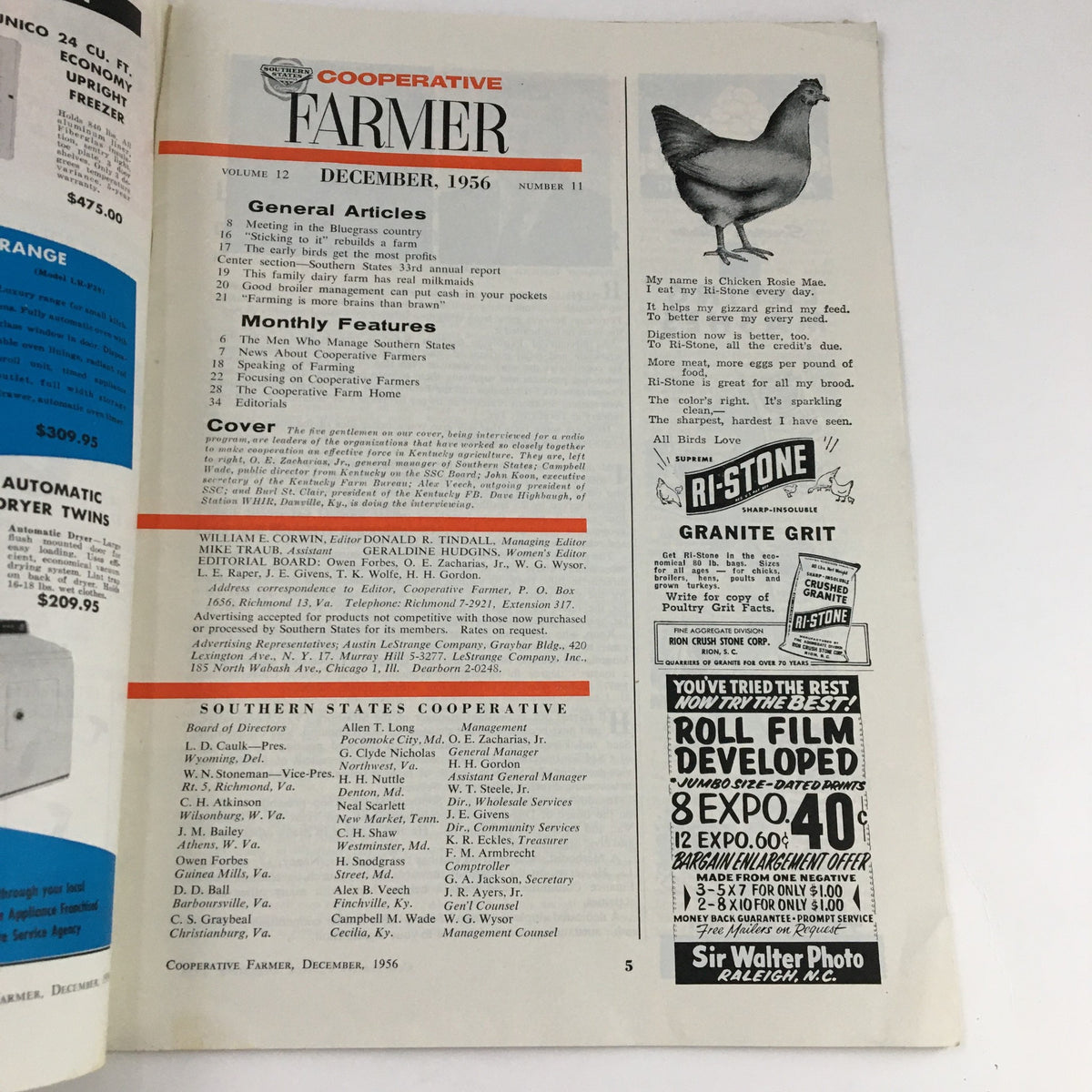 Interior page of Cooperative Farmer Magazine December 1956, listing general articles and features related to Southern States agriculture.