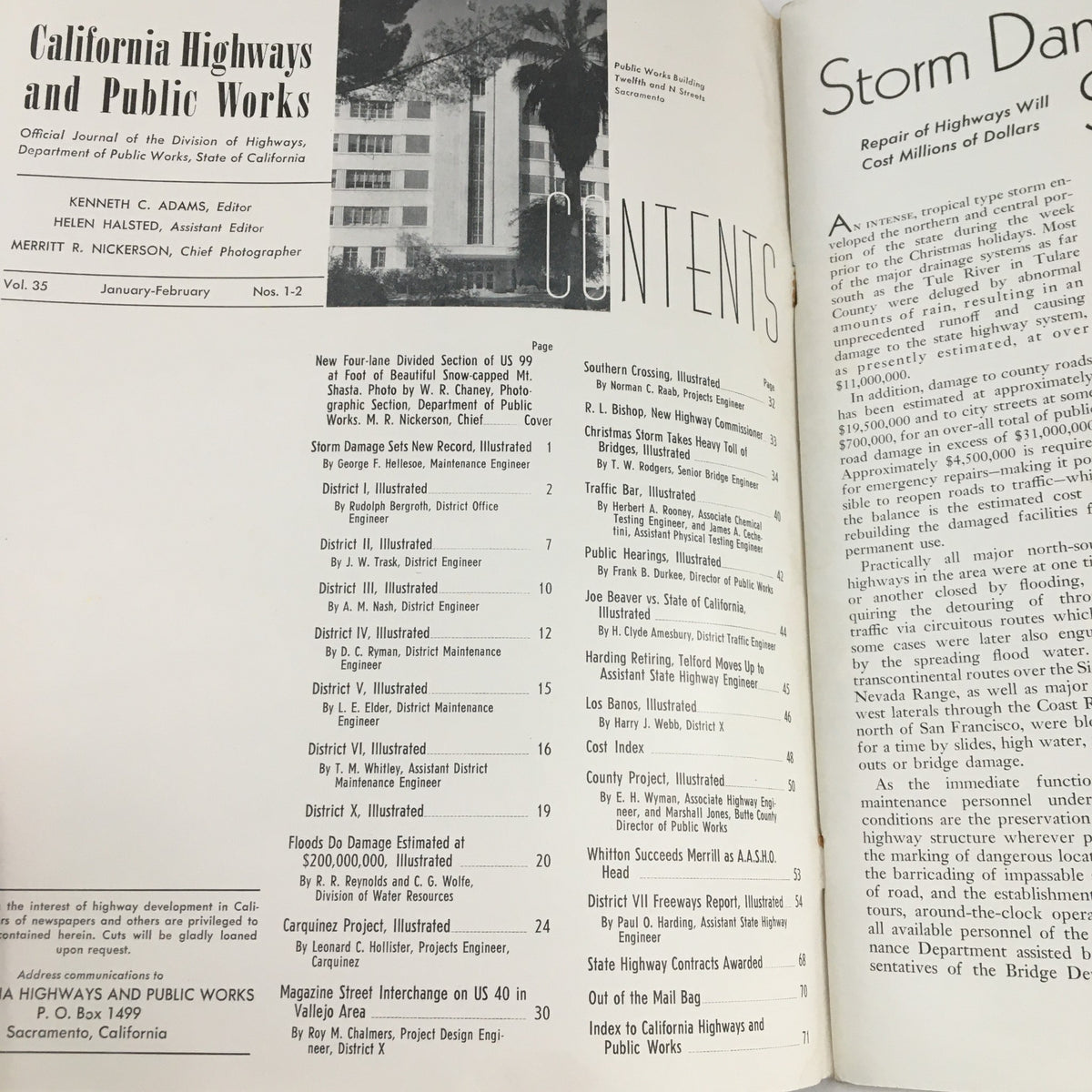 Interior page of the California Highway and Public Works January-February 1956 magazine featuring the table of contents and historical articles on highway engineering.