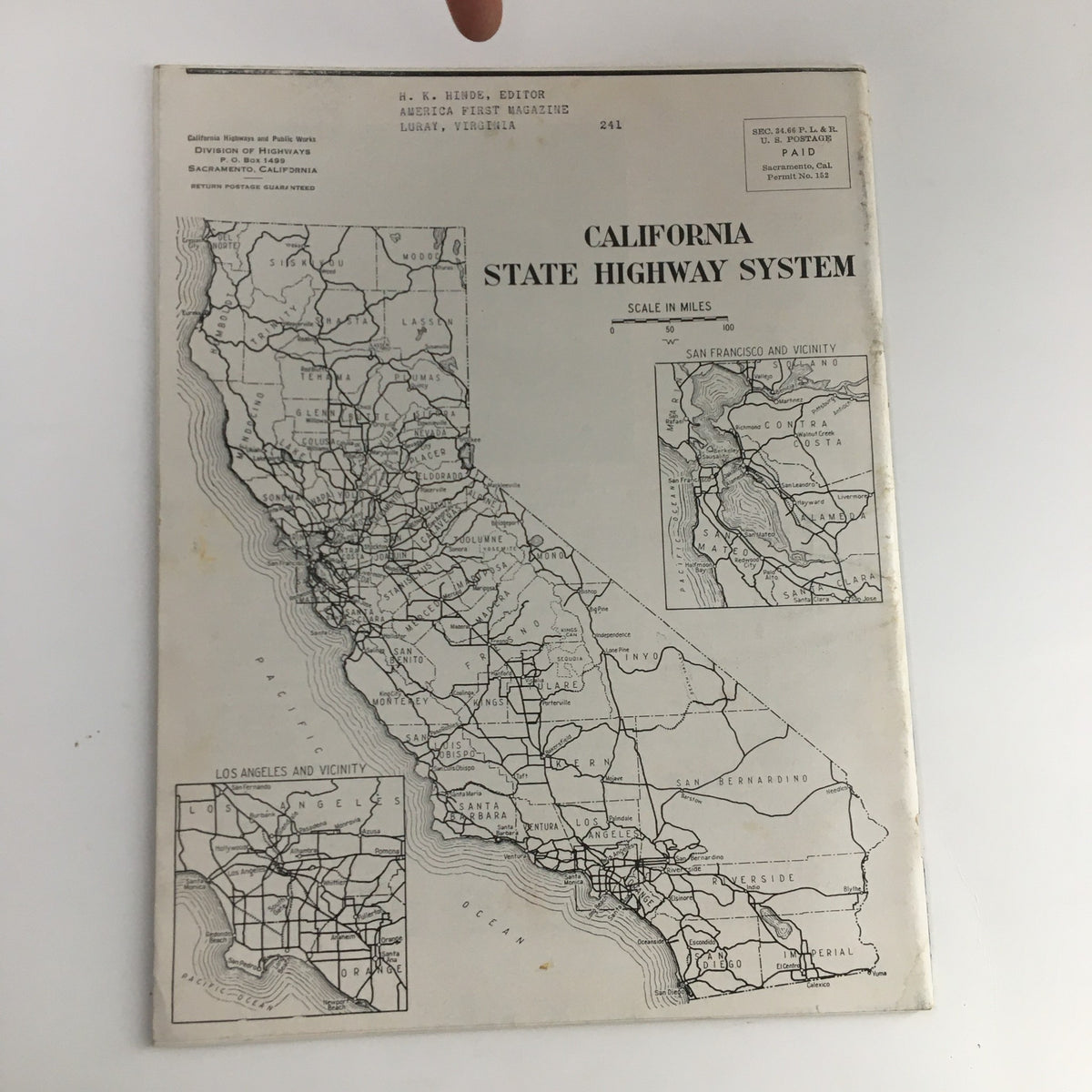 Back cover of the California Highway and Public Works January-February 1956 magazine displaying a detailed map of the California State Highway System.
