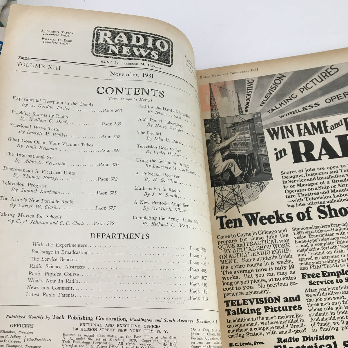 Content page of Radio News Magazine November 1931 detailing various articles and topics covered in this vintage magazine.