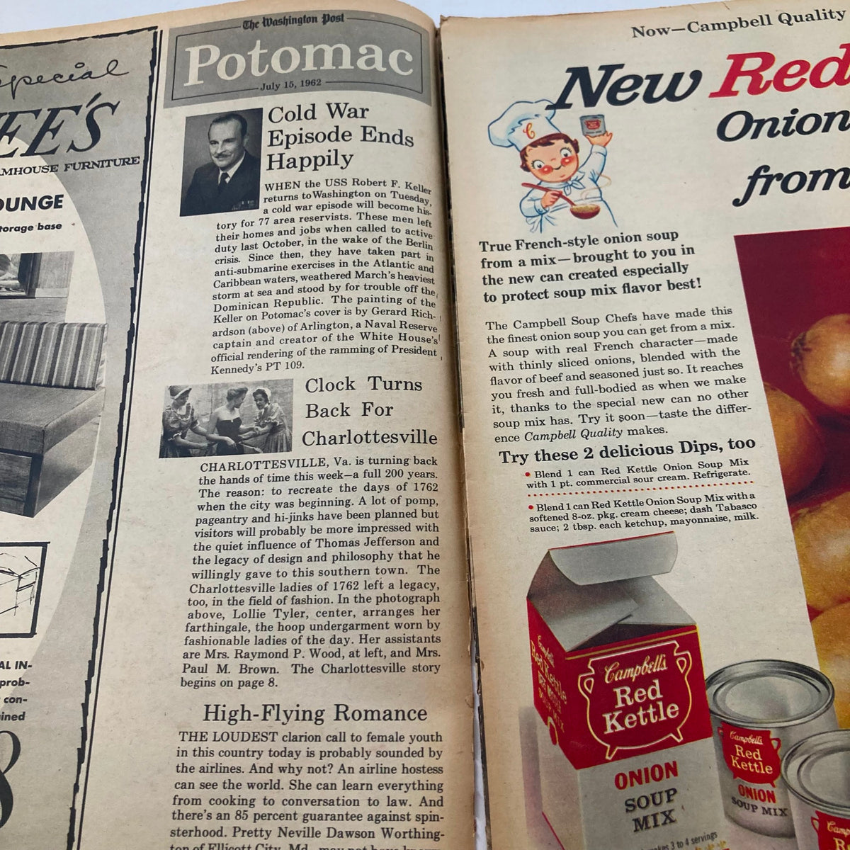Interior page of VTG Washington Post Potomac Magazine July 15, 1962, displaying articles on Cold War events and advertising Campbell's onion soup, part of the District Warriors issue.