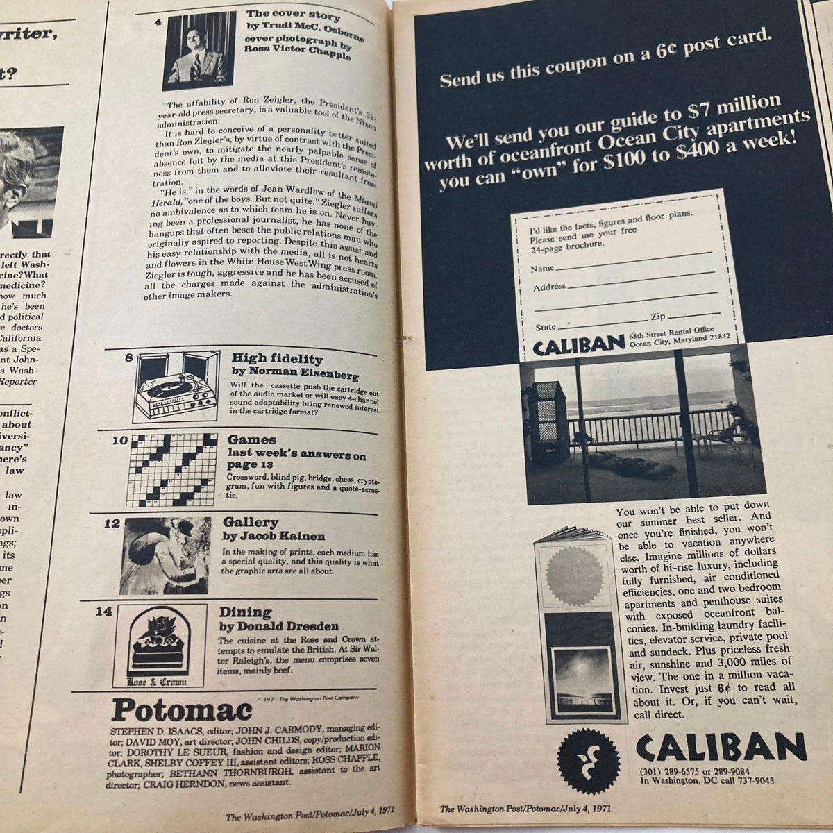 Inside page of VTG Washington Post Potomac Magazine from July 4, 1971, featuring articles including a cover story about Ron Zeigler, photographs, and topics like high fidelity music and dining.
