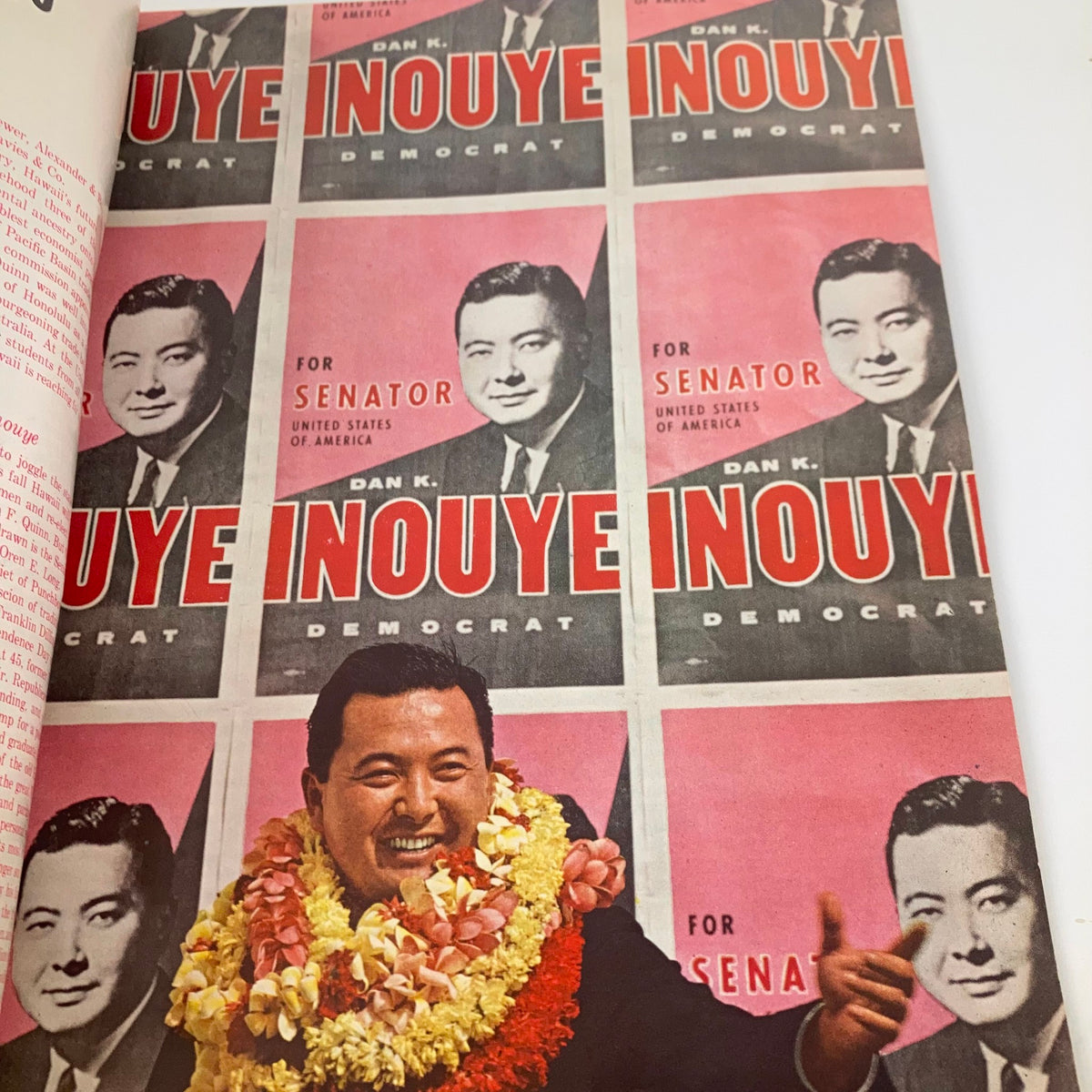 Inside page of VTG USA*1 Magazine August 1962 showcasing a colorful political advertisement for Dan K. Inouye, for senator.