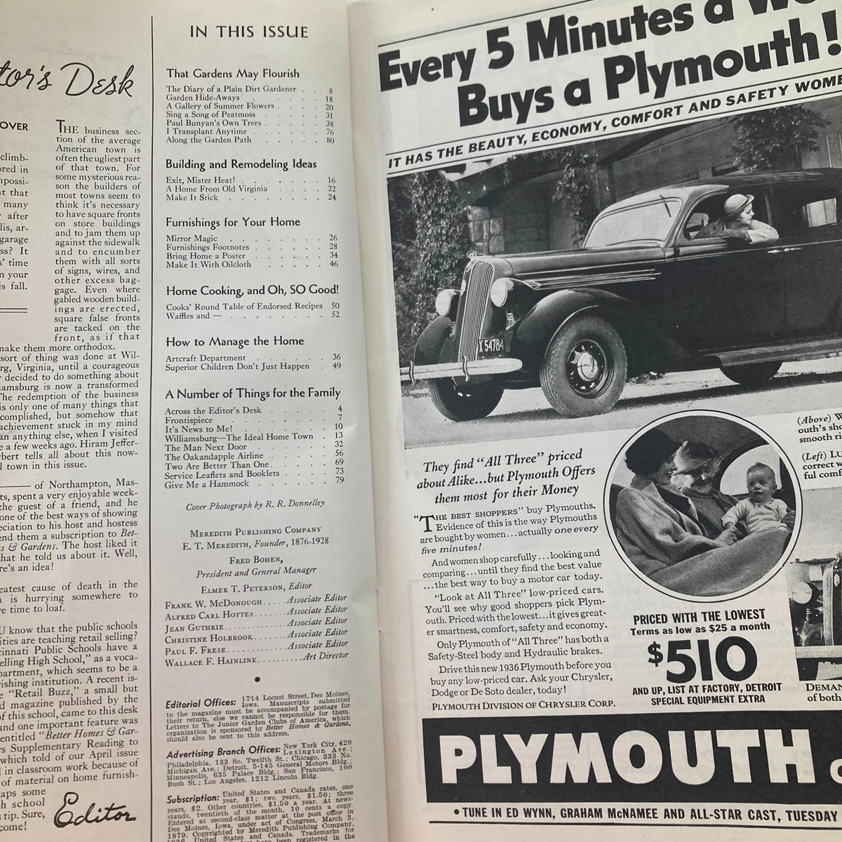 Interior page of Better Homes & Gardens Magazine July 1936 with a table of contents and a vintage Plymouth car advertisement.