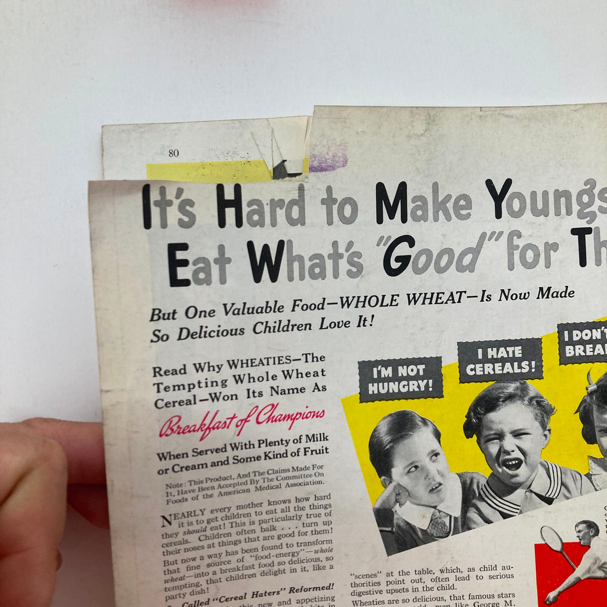 Page from Better Homes & Gardens Magazine July 1936 displaying an advertisement for Wheaties cereal with children expressing their opinions.