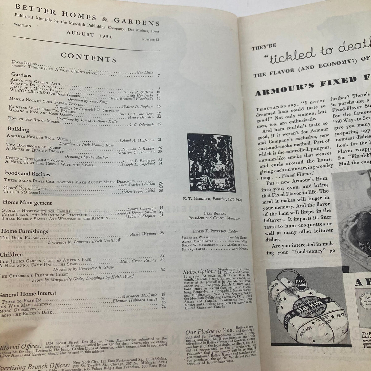 Interior page of Better Homes & Gardens Magazine August 1931 showing the table of contents, detailing various articles and features related to gardening, home management, and more.