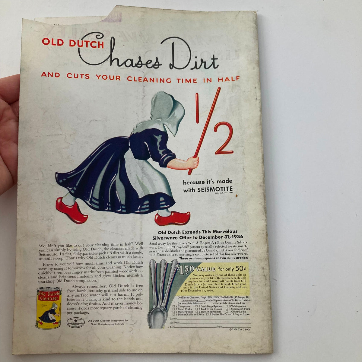 Old Dutch Cleansers advertisement from Better Homes & Gardens Magazine June 1936, featuring a vintage illustration, promoting cleaning products that claim to cut cleaning time in half.