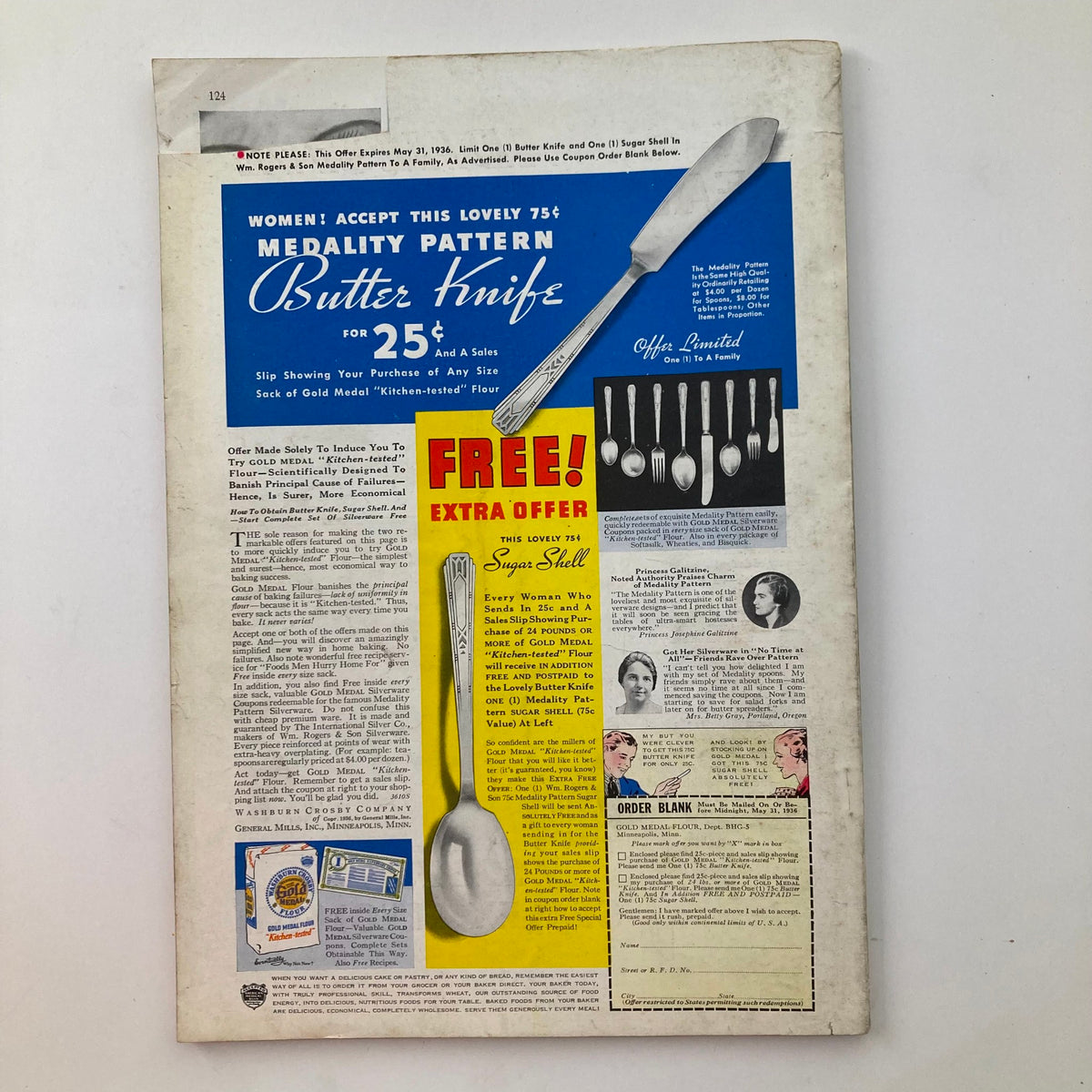 Back cover of Better Homes & Gardens Magazine May 1936 featuring an advertisement for a butter knife and sugar shell promotion.