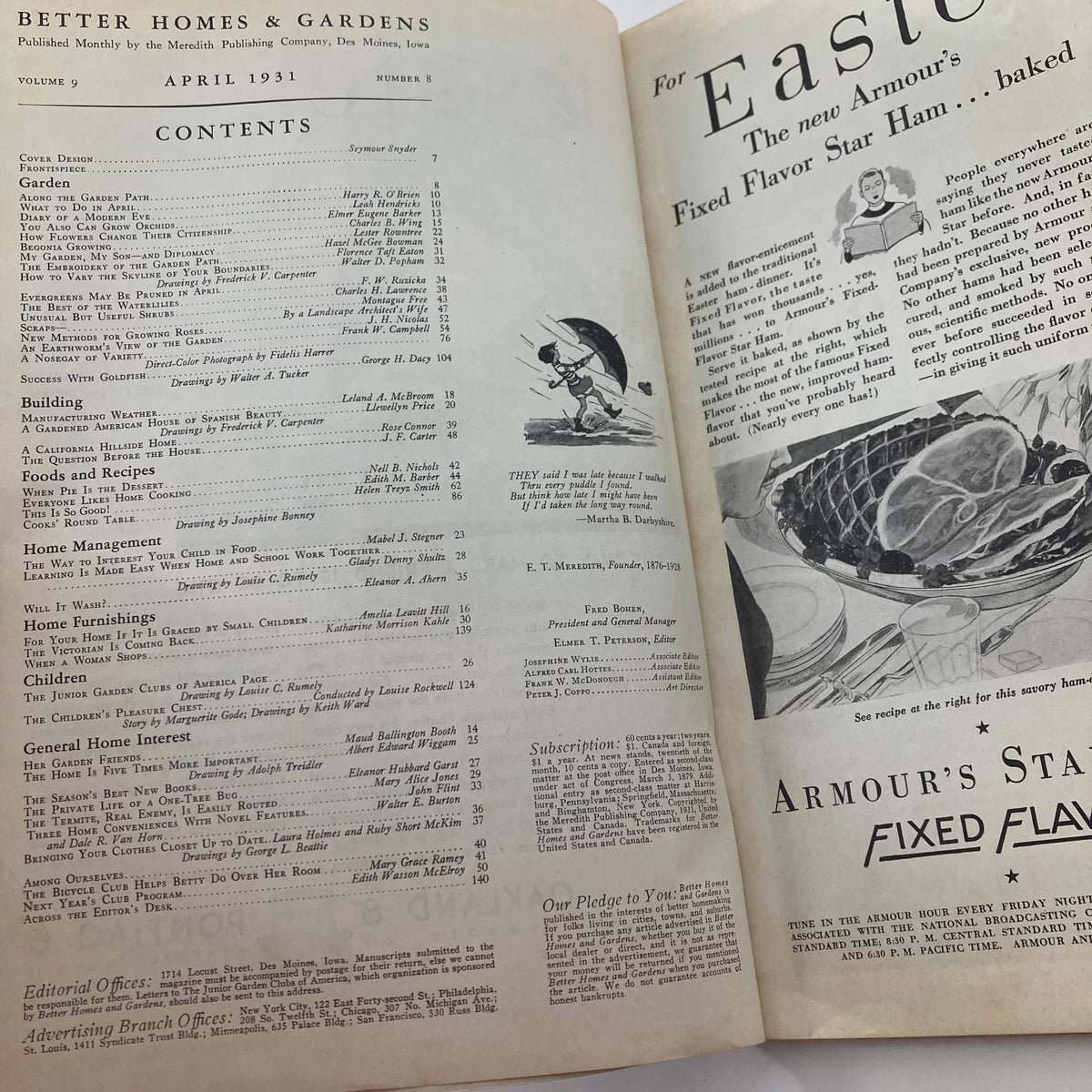 Inside page of Better Homes & Gardens Magazine April 1931 displaying the contents, highlighting articles on gardening, home management, and recipes.