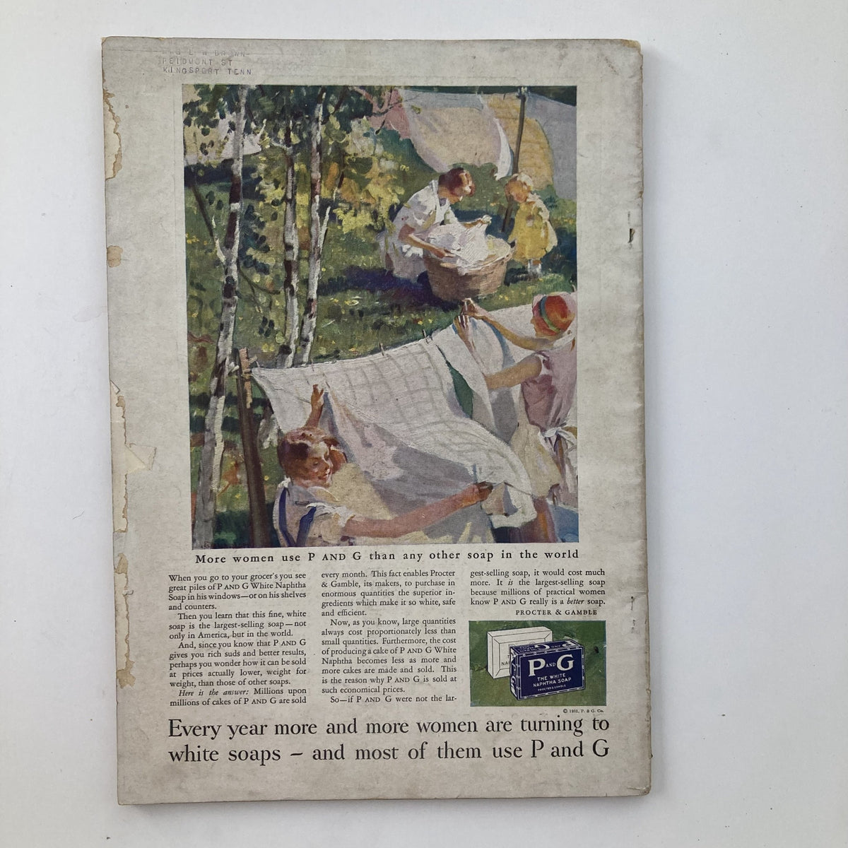 Back cover of Better Homes & Gardens Magazine April 1931 showing an advertisement for P and G soap, complemented by vintage artwork.
