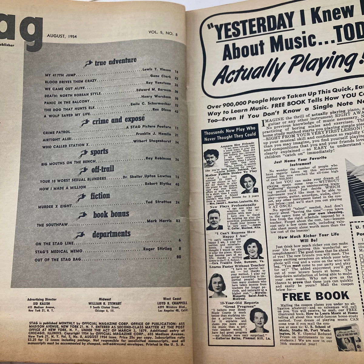 Interior page of VTG Stag Magazine August 1954, showing a detailed table of contents with various story titles and page numbers.