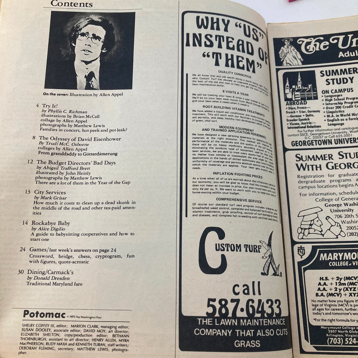 Interior pages of Potomac Magazine from March 30, 1975, displaying the contents section with articles including 'The Odyssey of David Eisenhower' and advertisements.