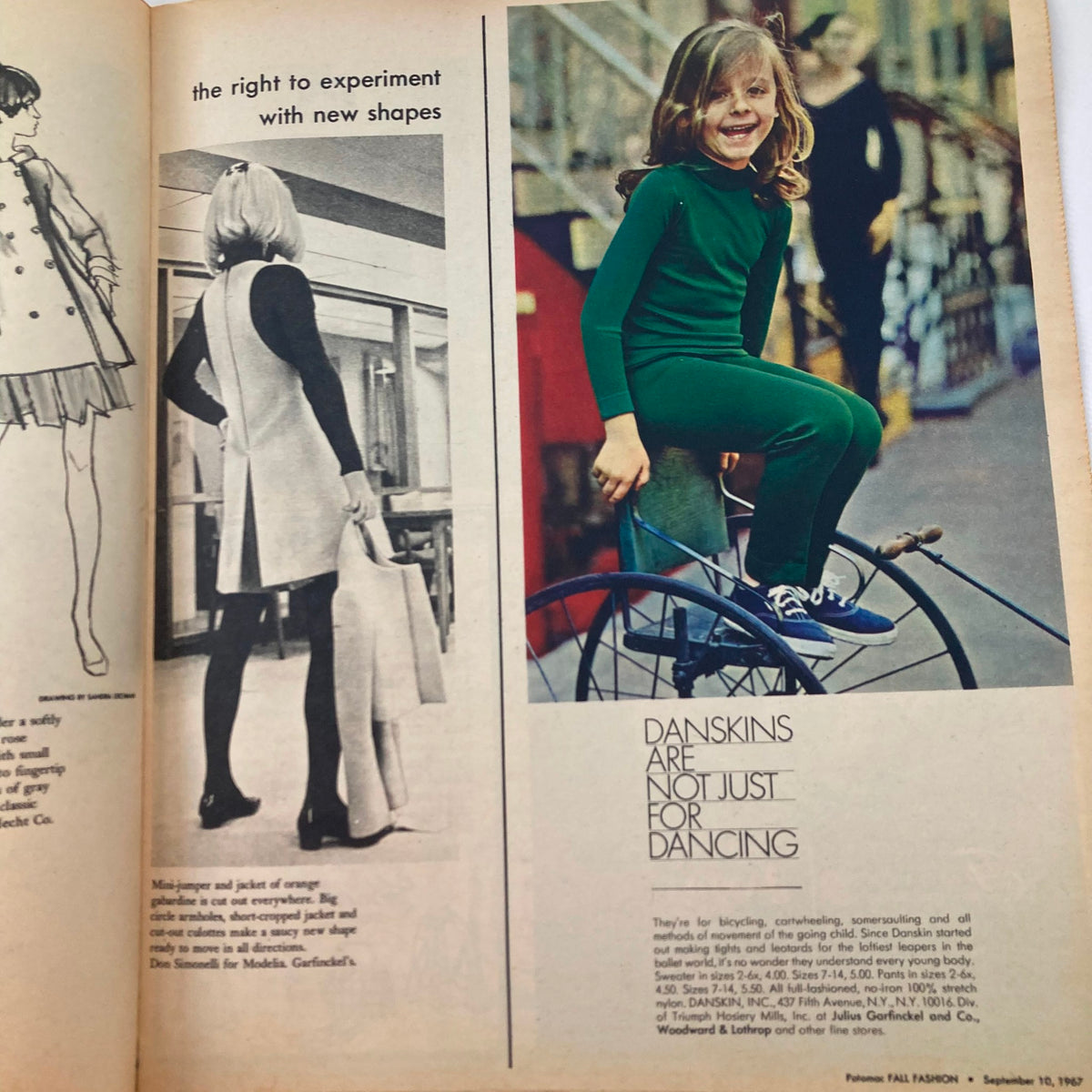VTG Potomac Fall Fashion Magazine September 10 1967 featuring a stylish advertisement showcasing children's Danskin outfits, highlighting the right to experiment with new shapes.