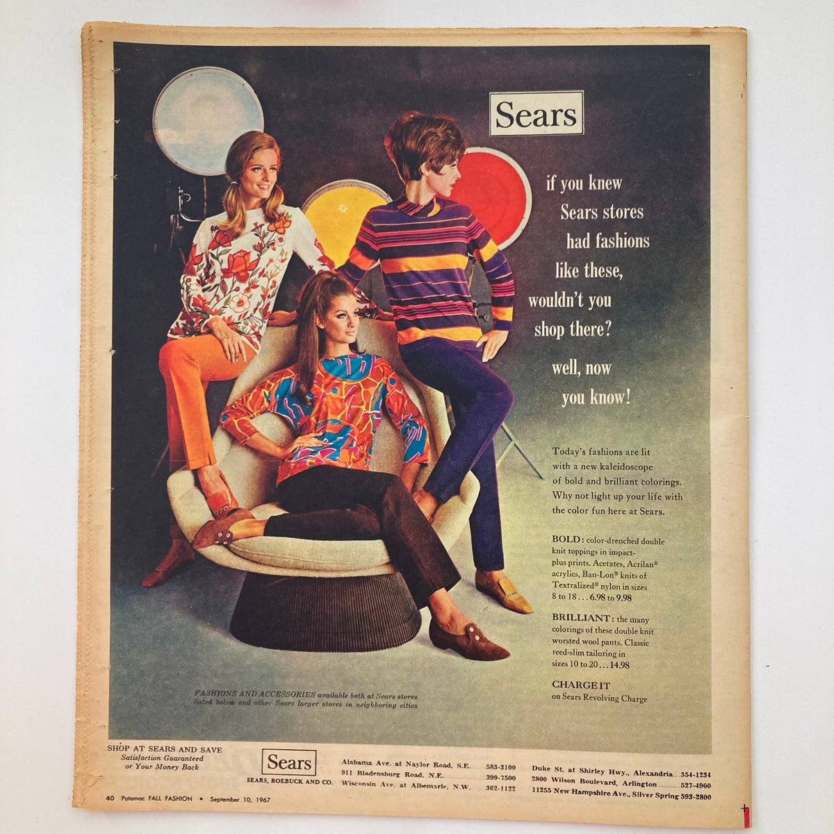 VTG Potomac Fall Fashion Magazine September 10 1967 showcasing a colorful Sears advertisement with models wearing trendy outfits, promoting vivid colors and bold fashion choices.
