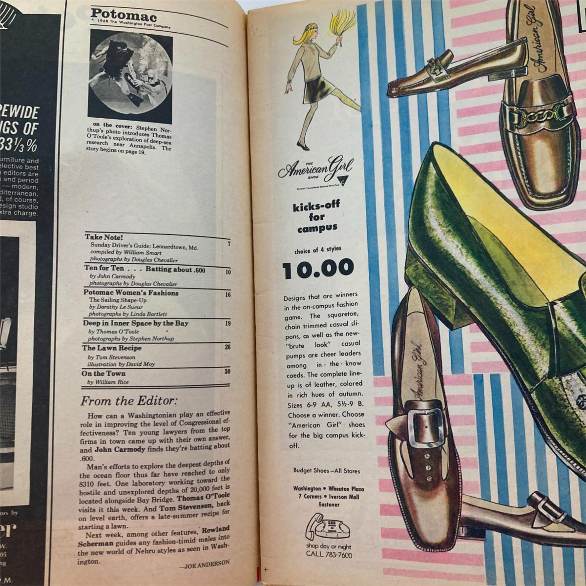 Inside view of VTG Washington Post Potomac Magazine August 18, 1968, showcasing an article titled 'Deep in Inner Space by the Bay' with stylish advertisements.