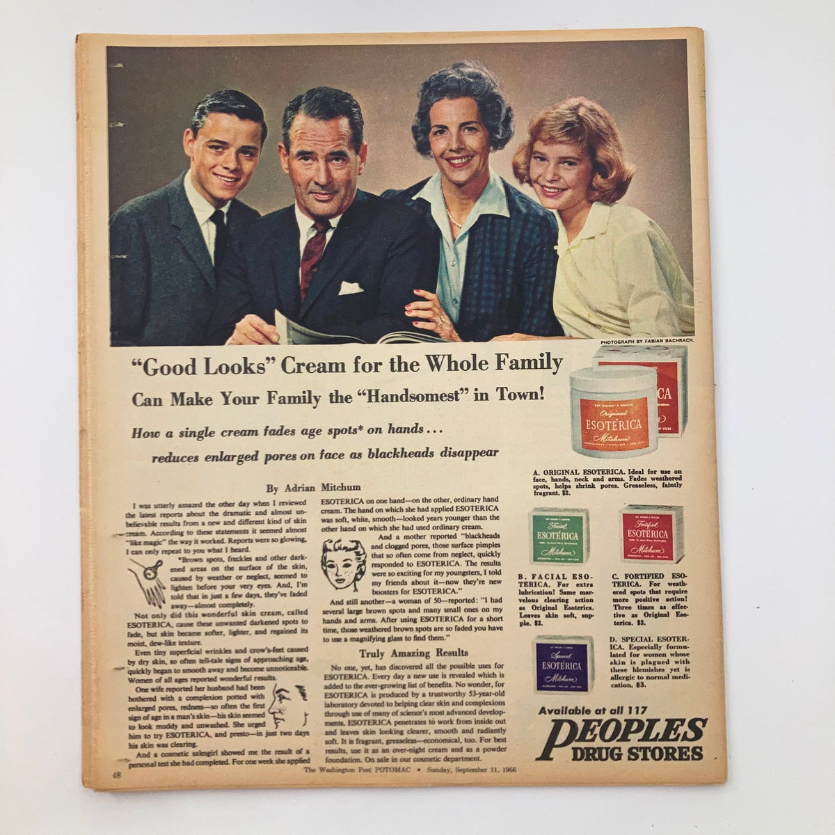Vintage advertisement from the Washington Post Potomac Magazine September 11, 1966, featuring 'Good Looks' cream for families, showcasing a family portrait and the Esoterica product line.
