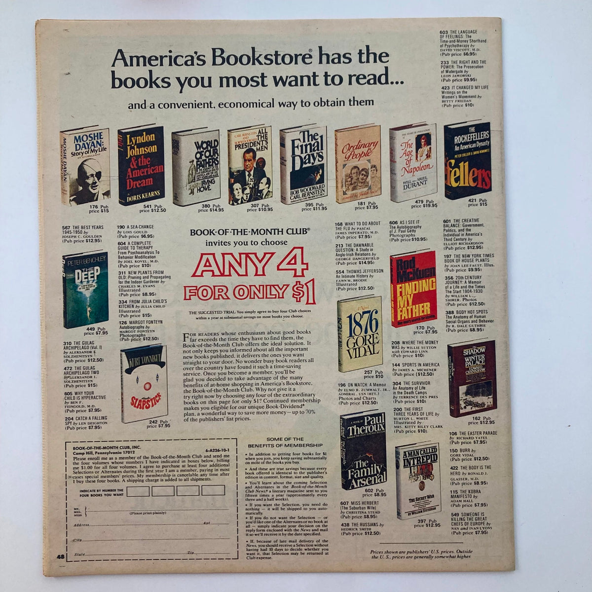 Advertisement for America's Bookstore featuring various book titles, including 'Moshe Dayan: Story of My Life' and 'The Final Days', from the October 3, 1976 VTG Washington Post Potomac Magazine Cat Litter War No Label. Highlights Book-of-the-Month Club offer of any 4 books for only $1.
