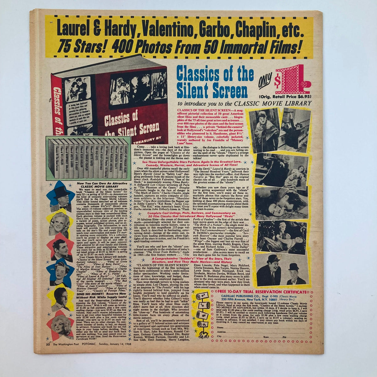 Vintage Washington Post Potomac Magazine January 14, 1968 featuring advertisement for 'Classics of the Silent Screen' and images of classic film stars. Perfect for collectors and history enthusiasts.