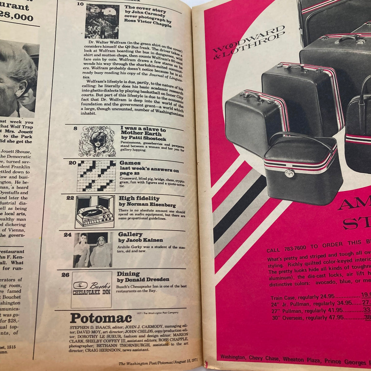 Interior page of VTG Washington Post Potomac Magazine August 15 1971 showcasing the table of contents including articles about Dr. Walter Wolfram and various features relevant to the time.