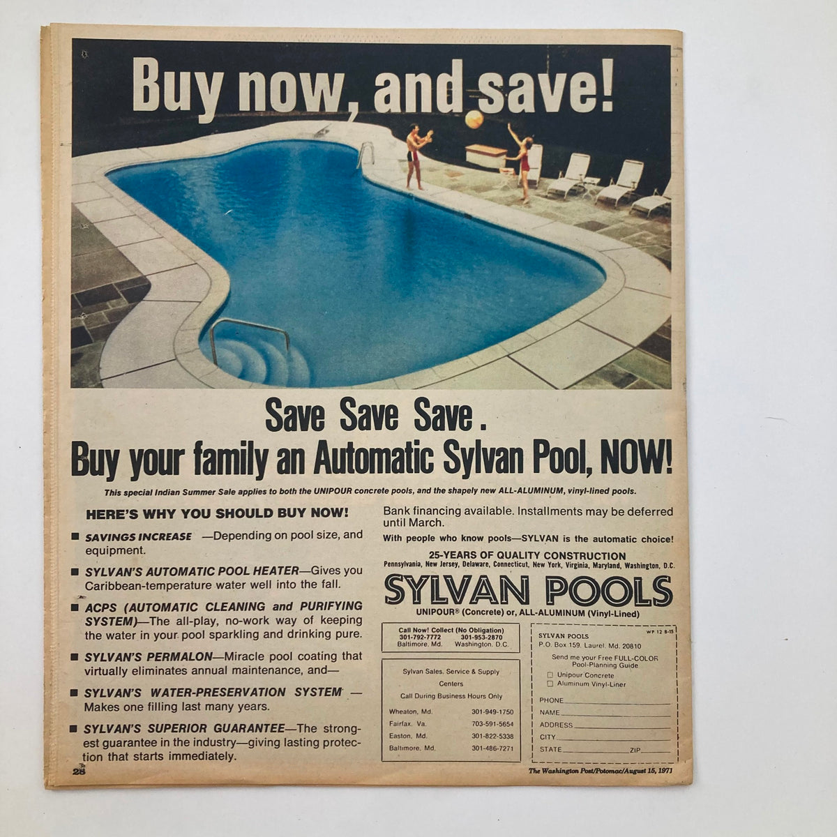 Advertisement page from VTG Washington Post Potomac Magazine August 15 1971 promoting automatic Sylvan swimming pools, highlighting summer savings and features of pool maintenance.