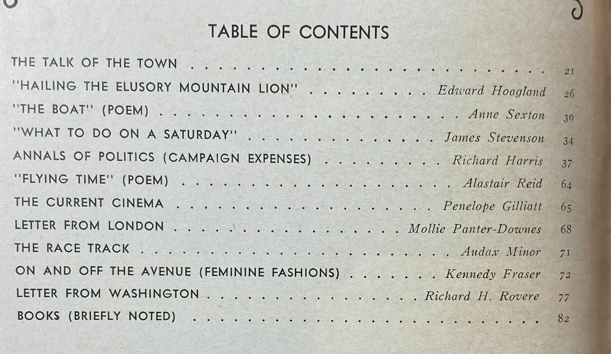 Table of Contents page of The New Yorker Complete Magazine August 7, 1971 detailing featured articles including 'Hailing the Elusory Mountain Lion' by Edward Hoagland and 'The Boat' by Anne Sexton.