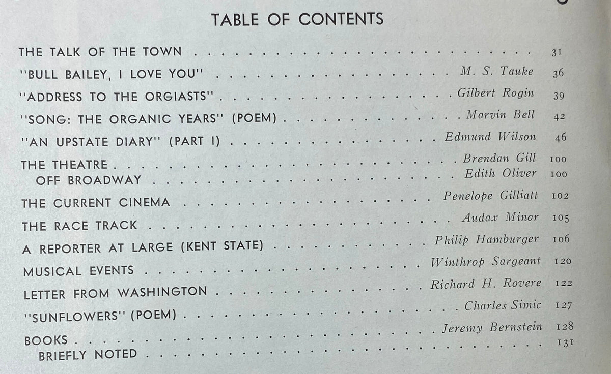 Table of Contents from The New Yorker Complete Magazine June 5, 1971, listing articles including 'The Talk of the Town', poems, and contributions by various authors.