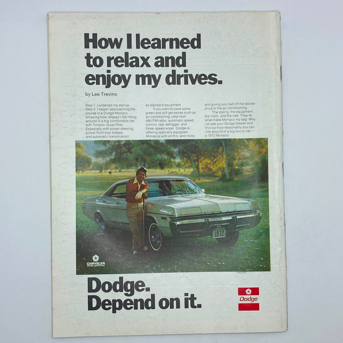 Back cover advertisement from The New Yorker Complete Magazine January 8, 1972, featuring a 1972 Dodge Monaco and a man, promoting the comfort and features of the vehicle.