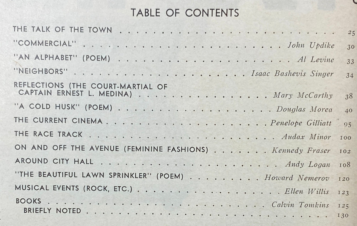 Table of contents from The New Yorker Magazine June 10, 1972, listing featured articles and poems by notable writers including John Updike and Isaac Bashevis Singer.