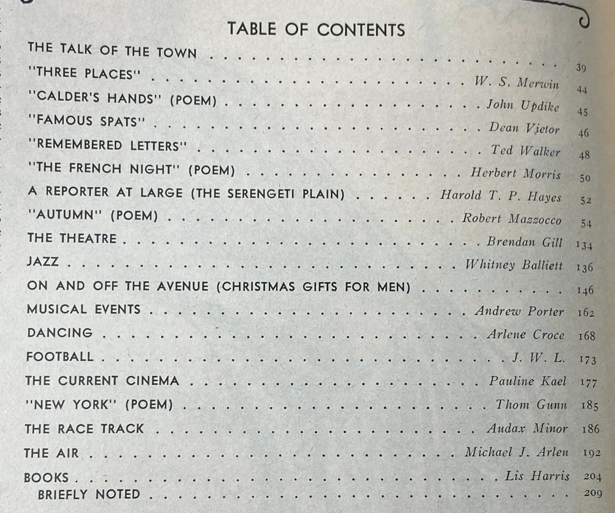 Table of Contents from The New Yorker Magazine, December 6, 1976, listing notable articles and poems by contributors like W. S. Merwin and John Updike.