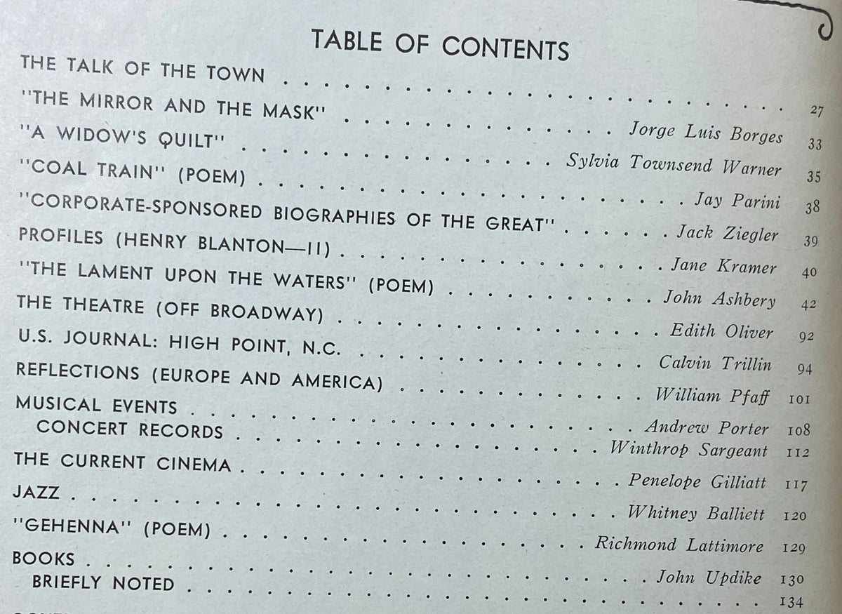 Table of contents page from The New Yorker Complete Magazine June 6, 1977, highlighting articles by notable writers such as Jorge Luis Borges and Sylvia Townsend Warner.