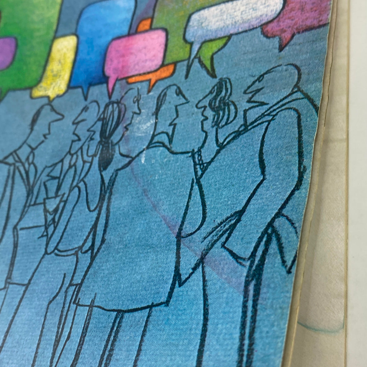 Illustration from The New Yorker Complete Magazine March 14, 1977, featuring a cover art by Charles Saxon, depicting a crowd in conversation with colorful speech bubbles.