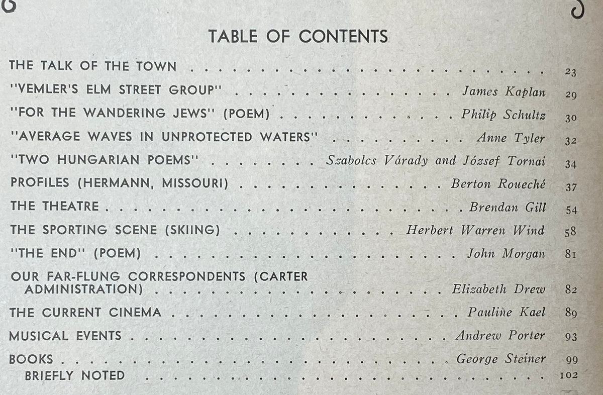 Table of contents from The New Yorker magazine dated February 28, 1977, featuring articles by James Kaplan, Philip Schultz, and Brendan Gill, under the title 'The New Yorker Complete Magazine February 28, 1977 Arthur Getz Cover No Label'.