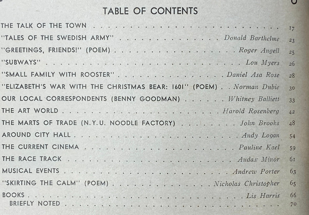Table of contents from The New Yorker magazine, December 26, 1977, highlighting featured articles and poems including 'Tales of the Swedish Army' and contributions from notable writers.