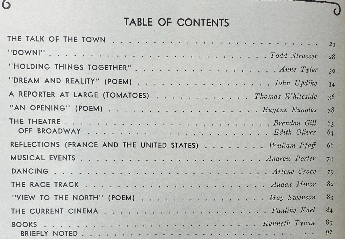 Table of contents from The New Yorker Complete Magazine January 24, 1977, listing featured articles and authors including Todd Strasser, Anne Tyler, and John Updike.