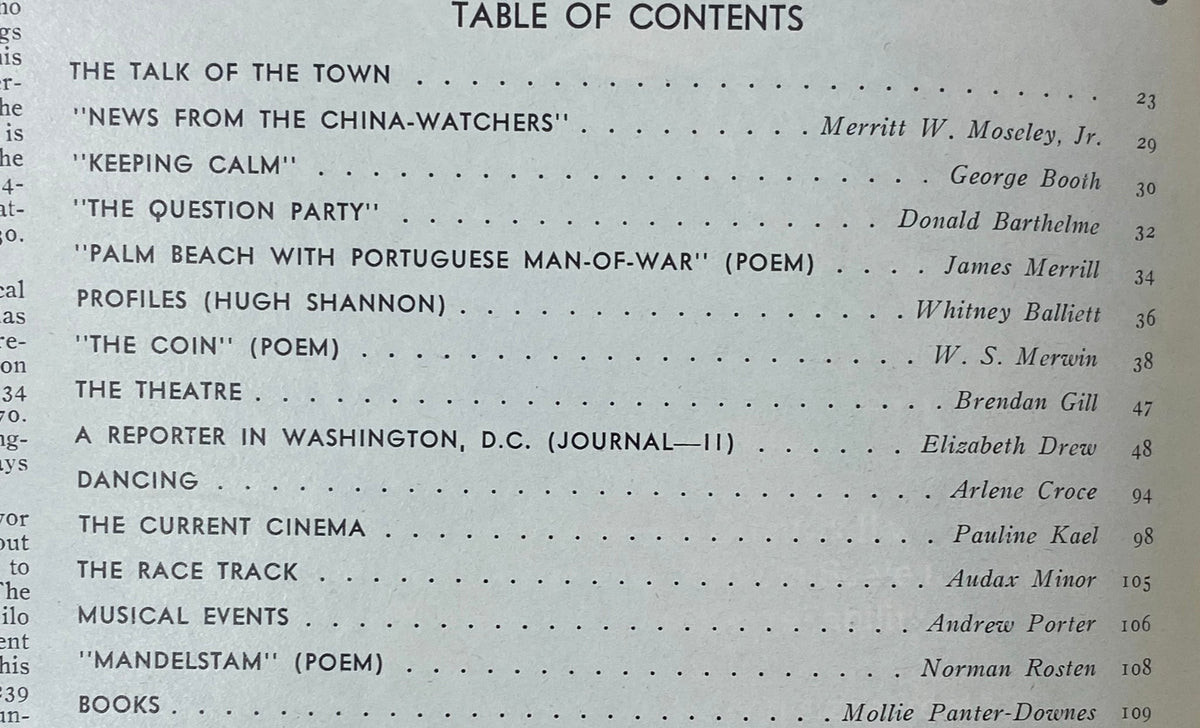 Table of Contents page from The New Yorker Complete Magazine January 17, 1977, featuring article titles including 'The Talk of the Town' and poems by James Merrill and W. S. Merwin.