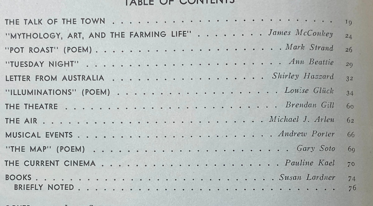 Table of Contents page from The New Yorker Complete Magazine January 3, 1977, listing articles including 'Mythology, Art, and the Farming Life' and 'Pot Roast'.