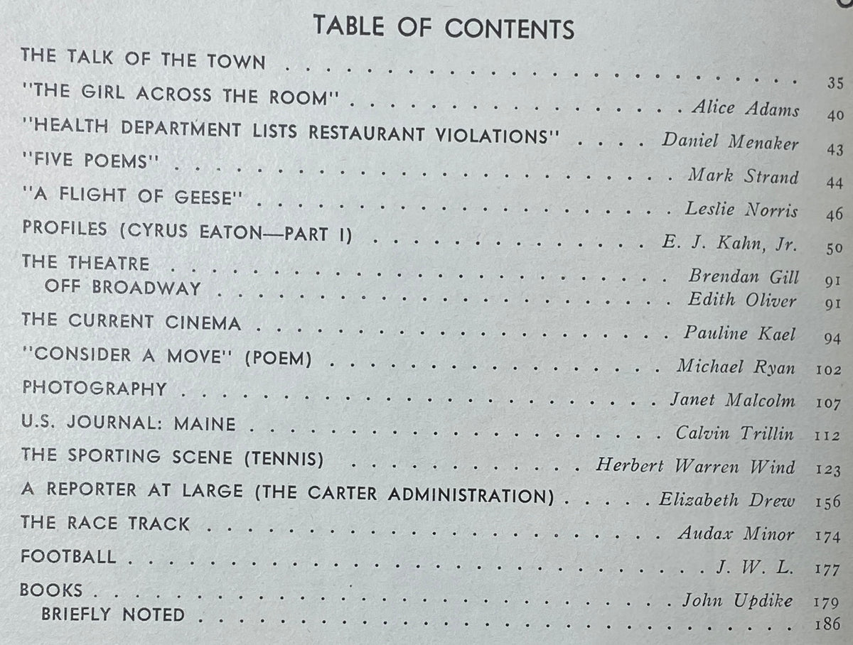 Table of Contents from The New Yorker Complete Magazine October 10, 1977, listing articles such as 'The Girl Across the Room' and 'Profiles (Cyrus Eaton—Part I)', highlighting vintage literary content.