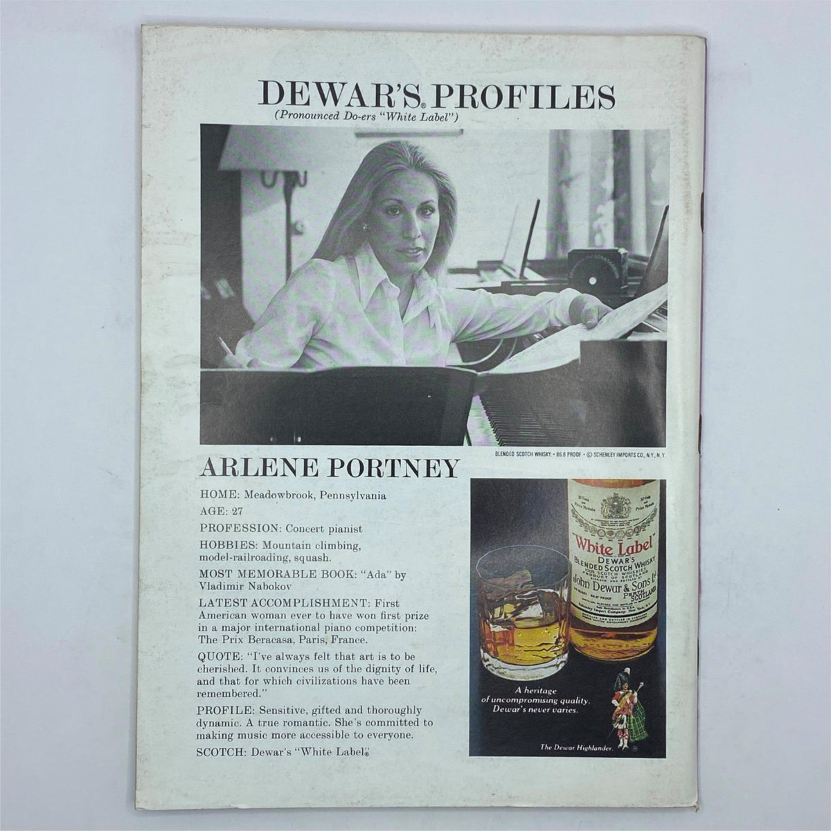 Back cover of The New Yorker Complete Magazine October 10, 1977, featuring a profile on Arlene Portney, a concert pianist, alongside a Dewar’s advertisement.