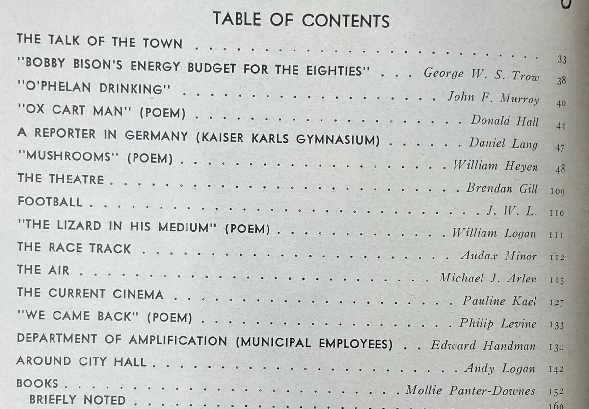 Table of contents from The New Yorker Complete Magazine October 3, 1977 detailing featured articles and poems.