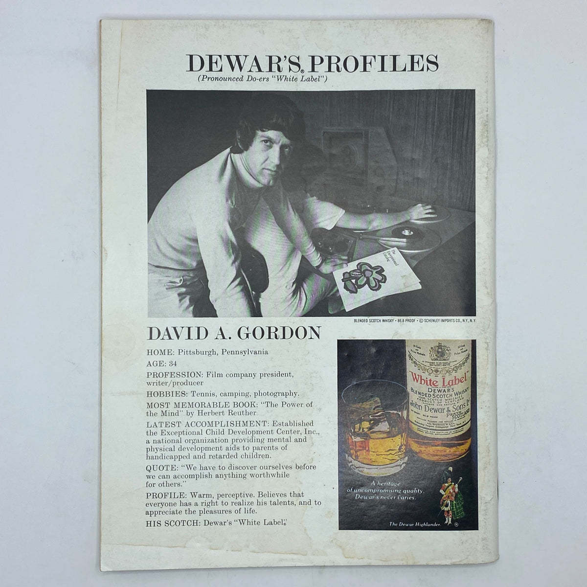 Back cover of The New Yorker magazine, April 17, 1978, featuring a profile on David A. Gordon and an advertisement for Dewar's whisky.